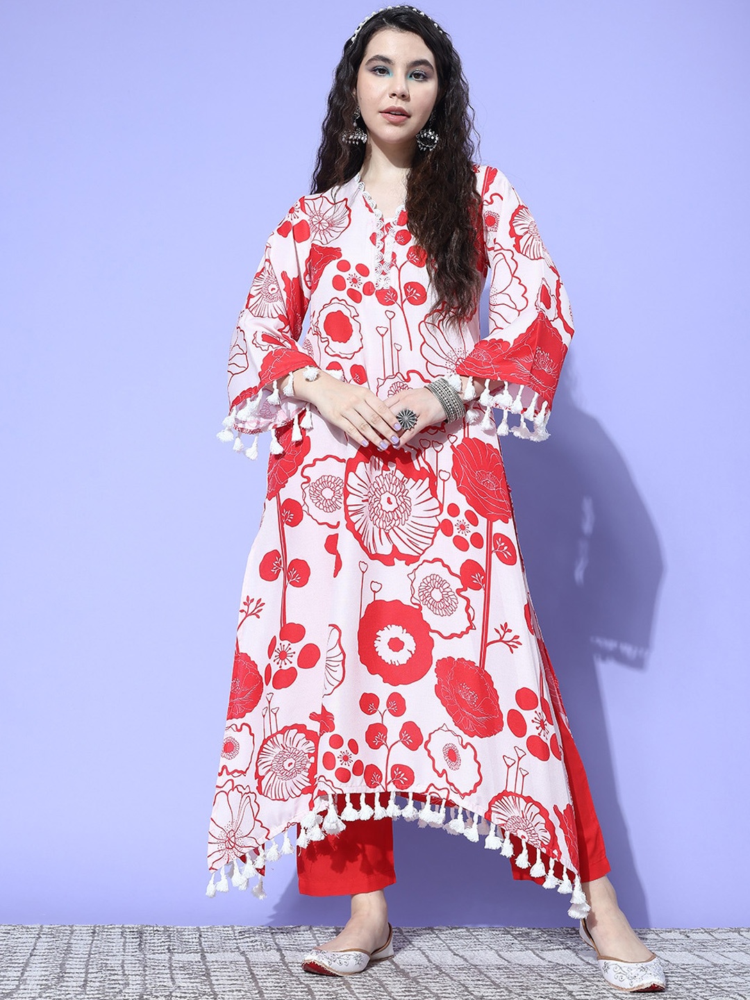 

KALINI Floral Printed Regular V-Neck Bell Sleeves Straight Kurta with Trousers, Peach