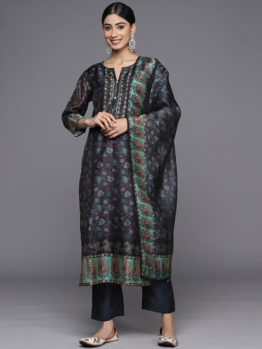 

KALINI Floral Printed Straight Sequinned Chanderi Silk Kurta With Trousers & Dupatta, Blue