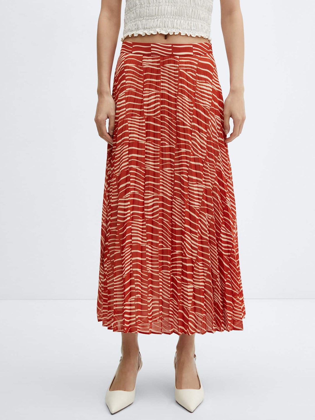 

MANGO Printed Pleated Midi Flared Skirt, Red