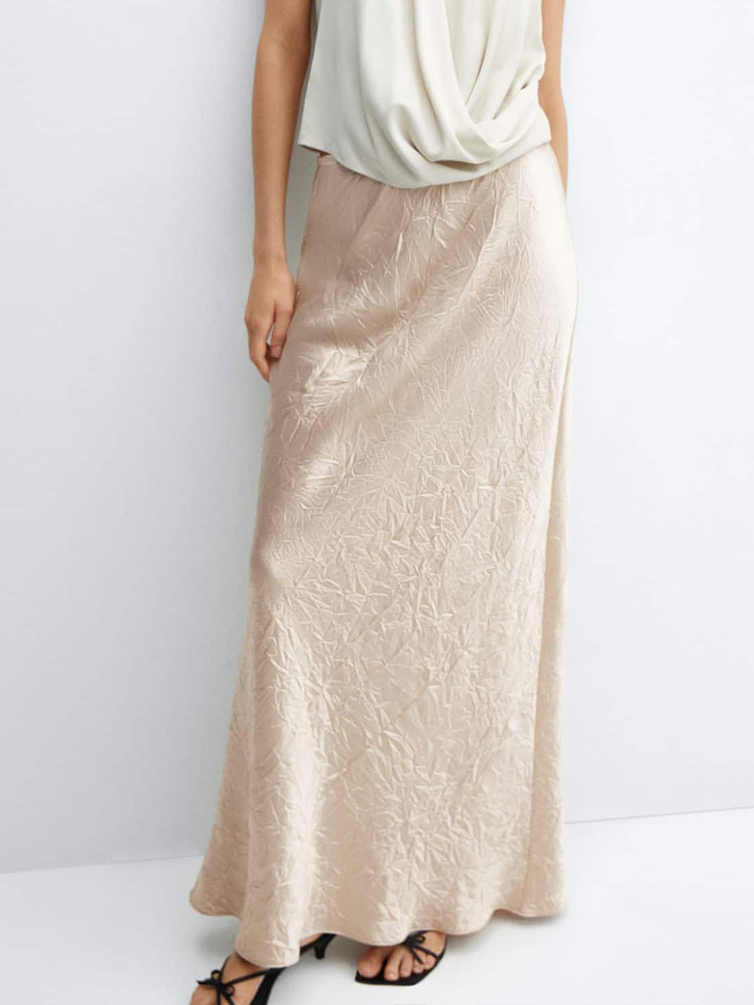 

MANGO Crinkled Satin-Finish A-Line Maxi Skirt, Beige