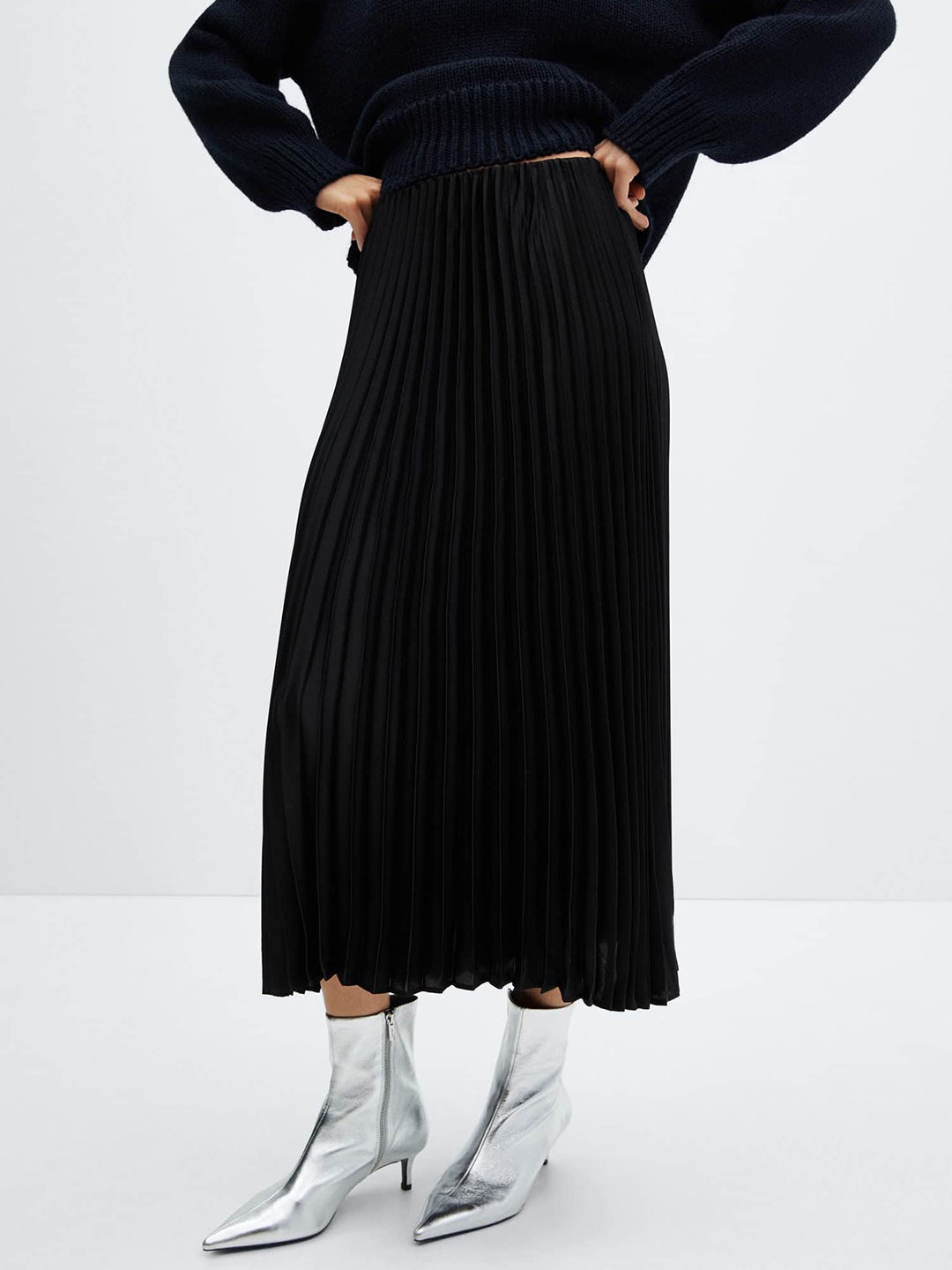 

MANGO Satin Finish Accordion Pleats Midi A-Line Skirt, Black