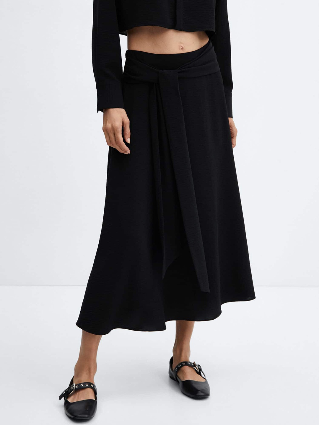 

MANGO Bow Midi Flared Skirt, Black
