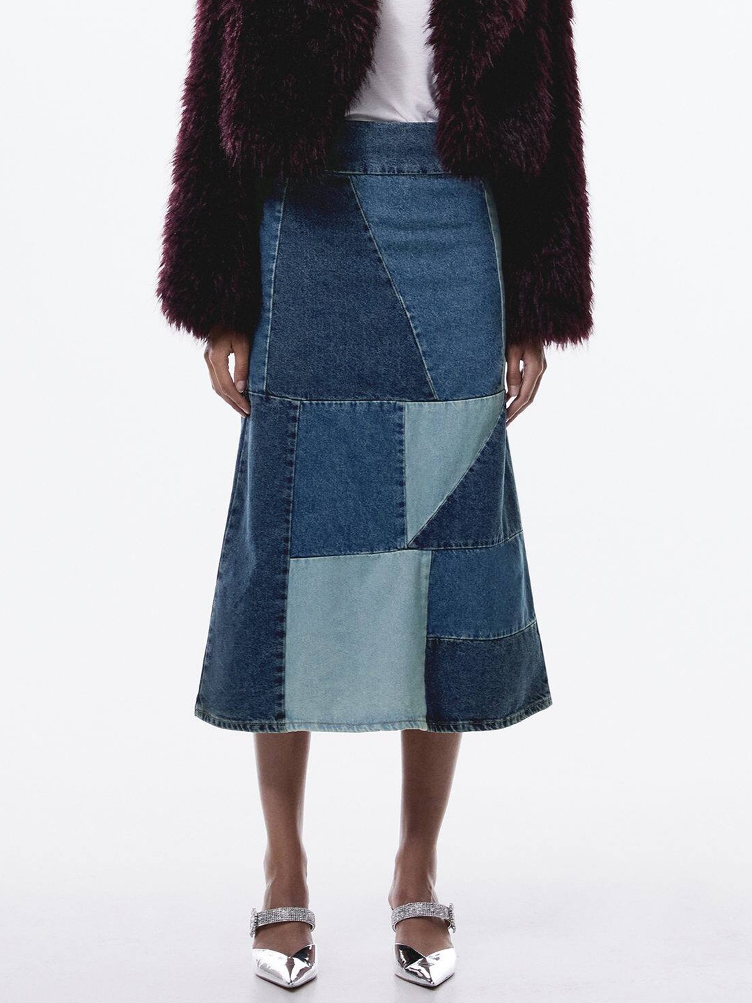 

MANGO Colourblock Patchwork Denim Midi Skirt, Navy blue