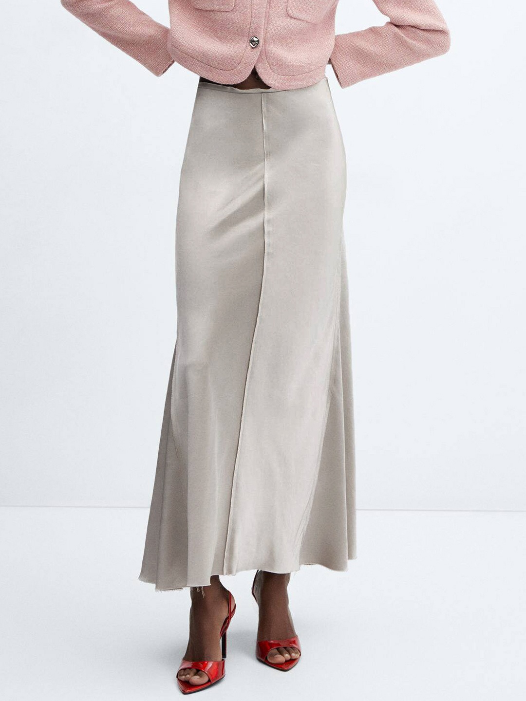 

MANGO Women Satin-Finish Seam Detail Maxi Skirt, Grey