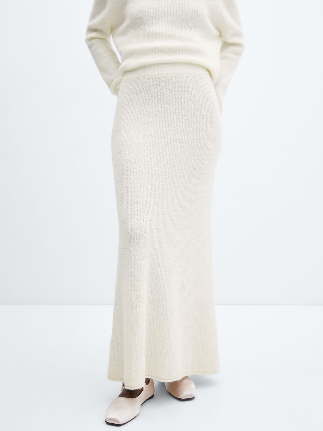 

MANGO Women Ribbed Knit Flared Maxi Skirt, Off white
