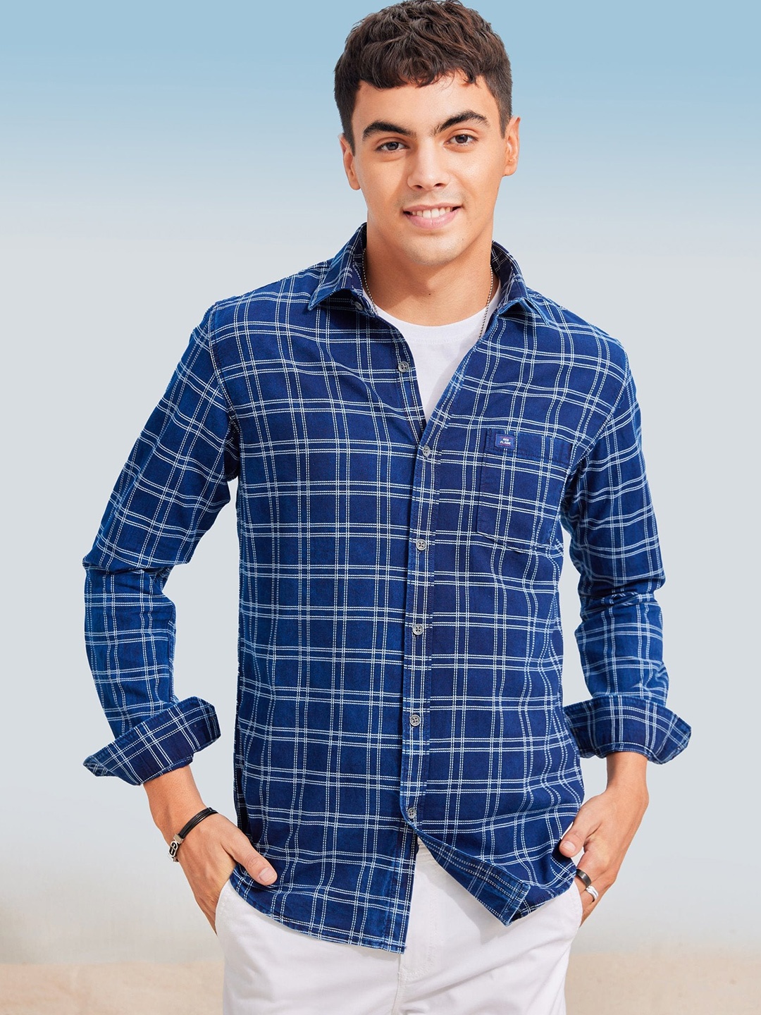 

Red Flame Checked Cotton Casual Shirt, Navy blue