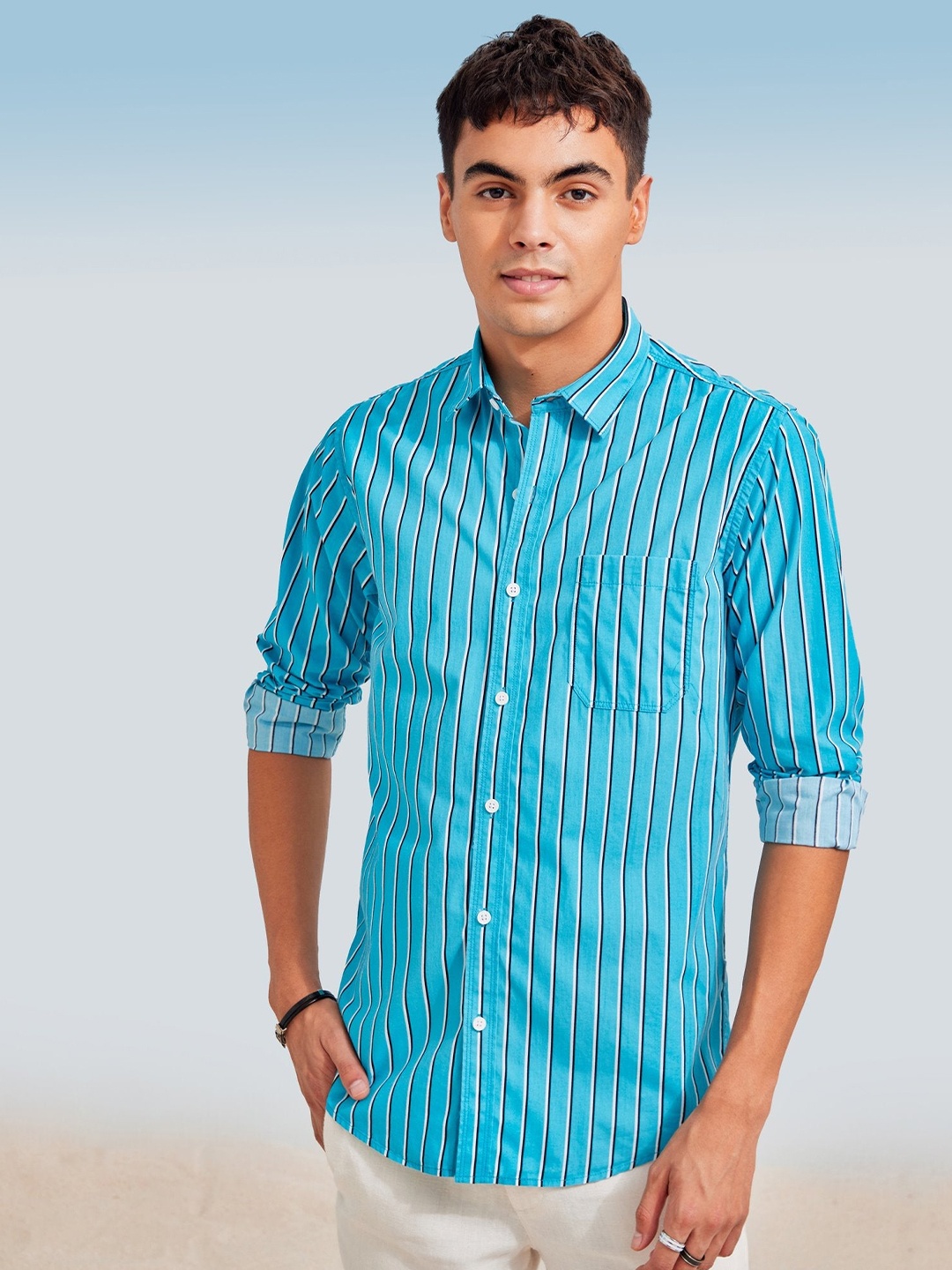 

Red Flame Men Opaque Striped Formal Shirt, Blue