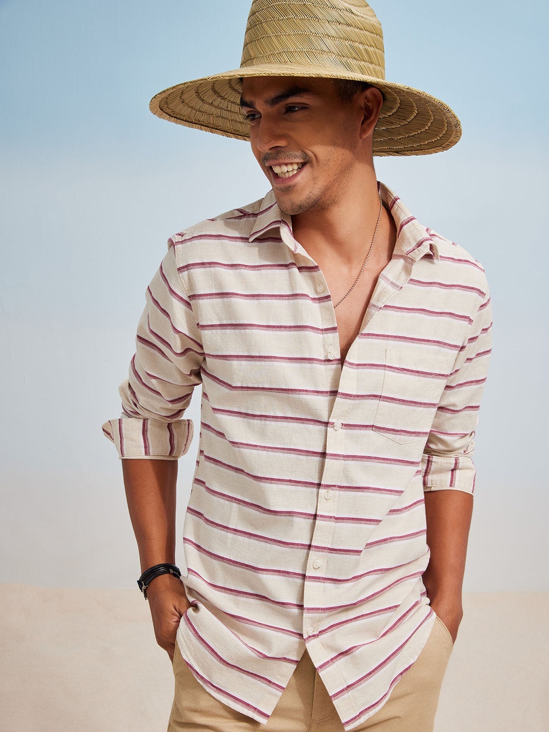

Red Flame Men Horizontal Stripes Opaque Striped Formal Shirt, Maroon
