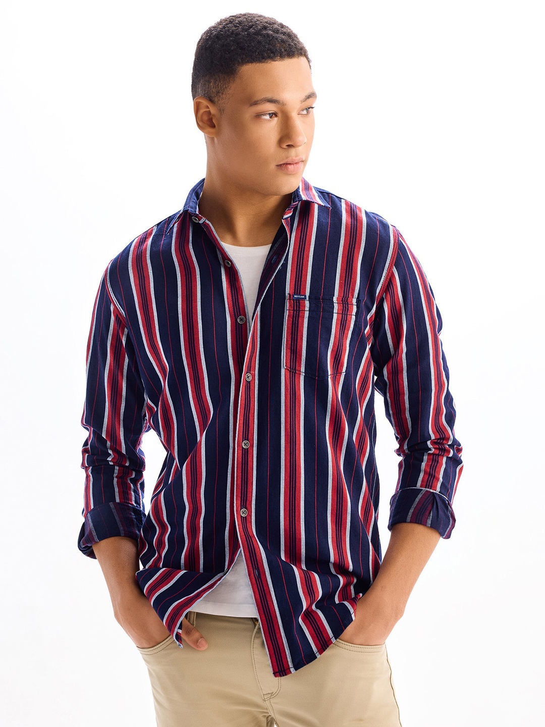 

Red Flame Men Opaque Striped Formal Shirt, Navy blue