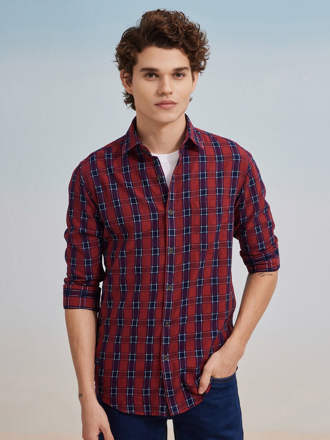 

Red Flame Tartan Checks Cotton Casual Shirt