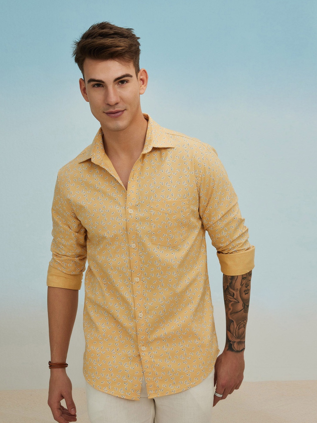 

Red Flame Floral Printed Cotton Casual Shirt, Yellow