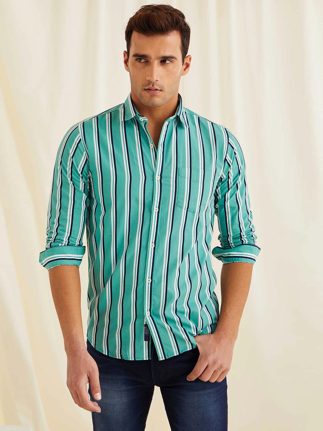 

Red Flame Men Opaque Striped Formal Shirt, Green