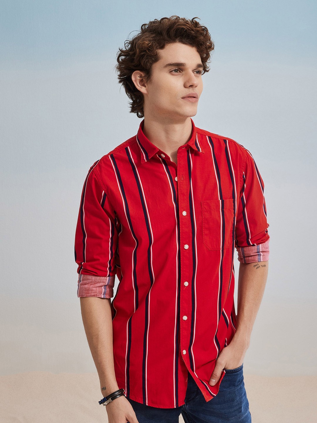 

Red Flame Men Opaque Striped Formal Shirt