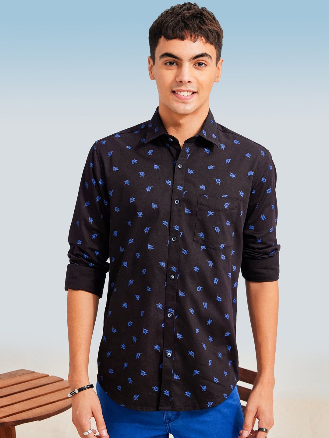 

Red Flame Floral Printed Cotton Casual Shirt, Black