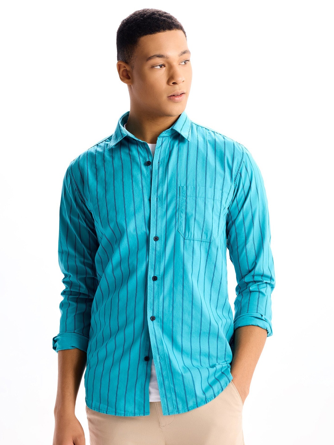 

Red Flame Men Opaque Striped Party Shirt, Blue
