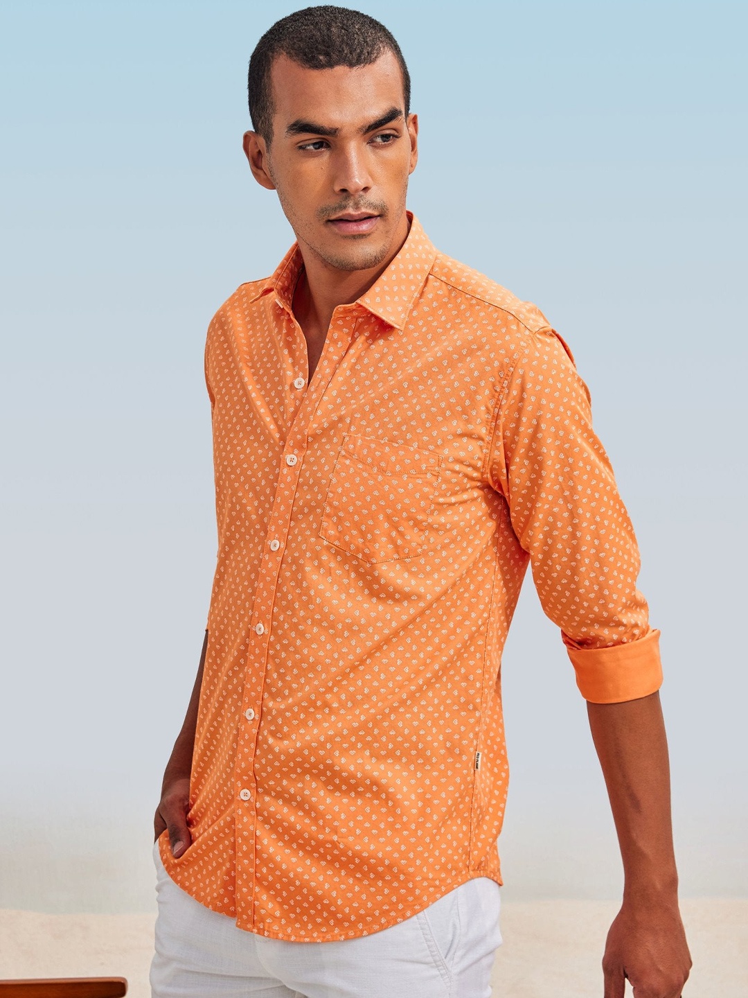 

Red Flame Geometric Printed Cotton Casual Shirt, Orange