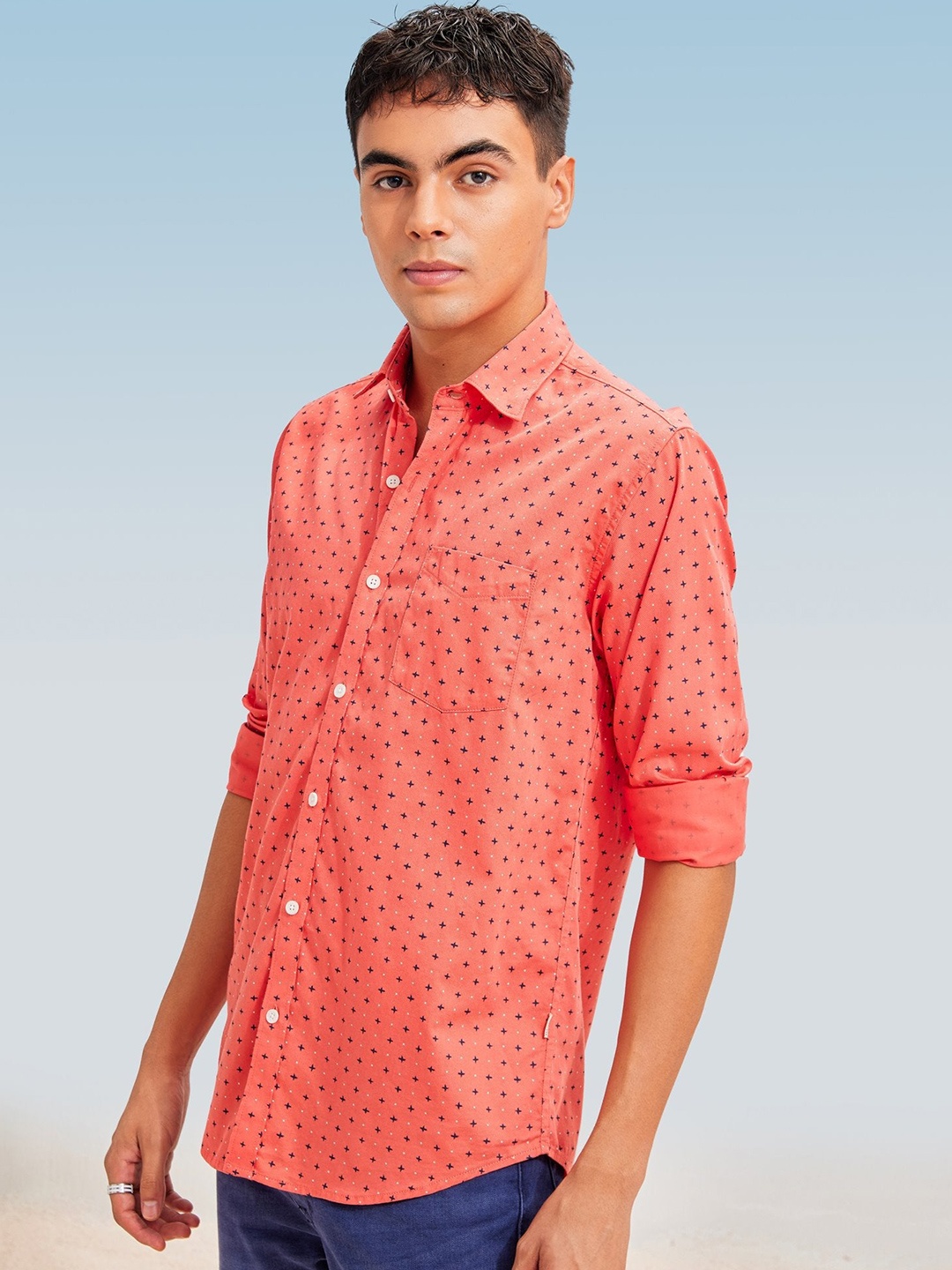 

Red Flame Abstract Printed Spread Collar Cotton Casual Shirt, Orange