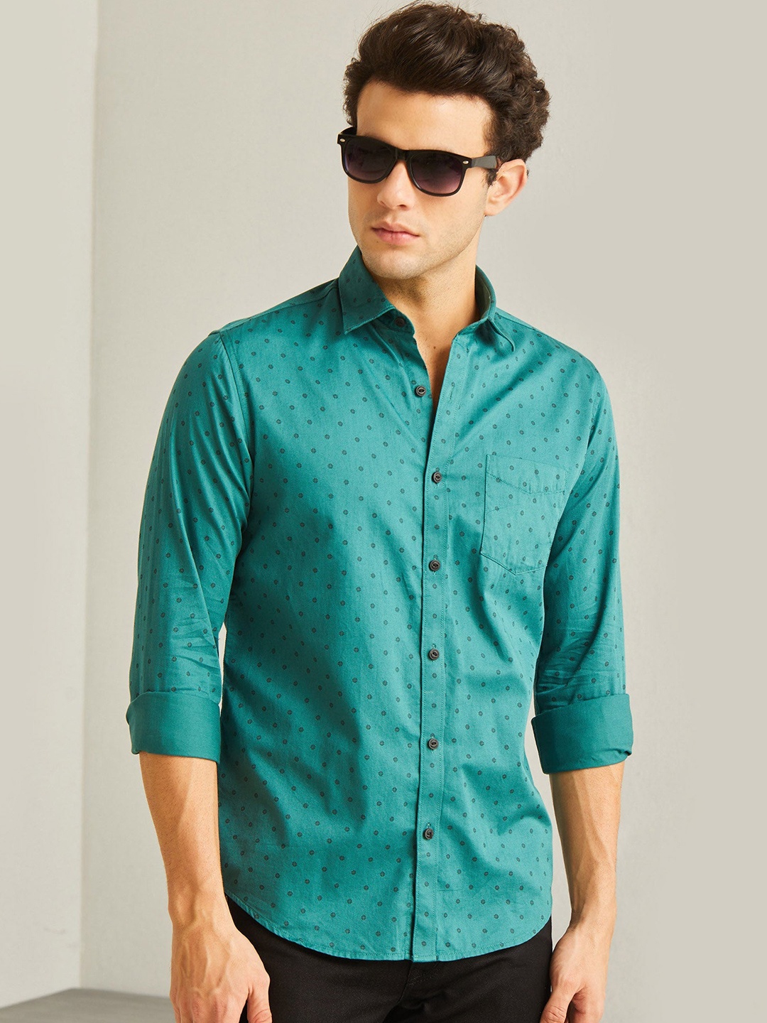 

Red Flame Men Opaque Printed Formal Shirt, Green