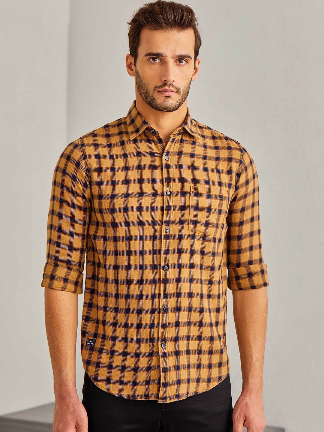 

Red Flame Men Buffalo Checks Opaque Checked Formal Shirt, Khaki