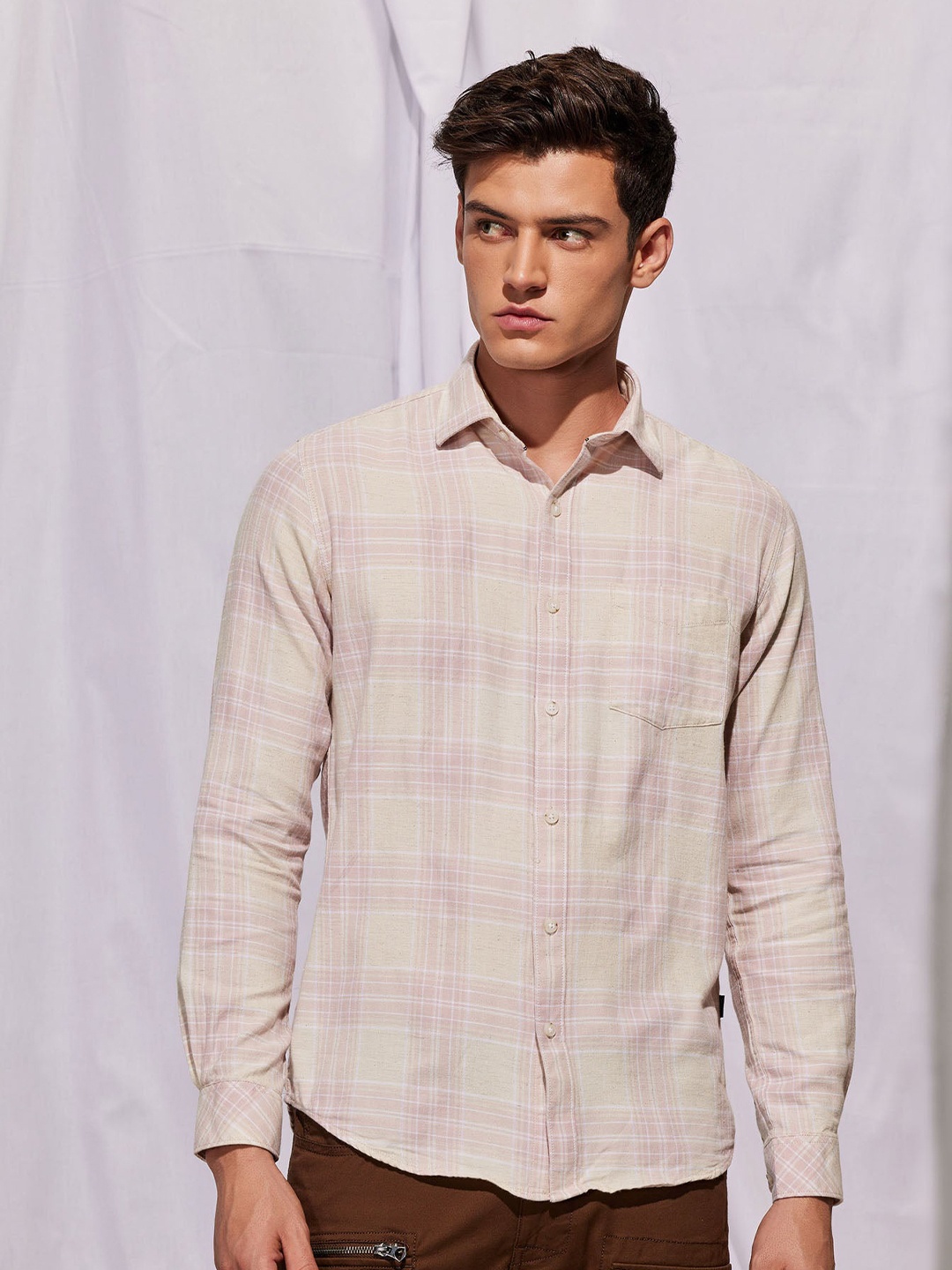 

Red Flame Tartan Checks Spread Collar Cotton Casual Shirt, Pink