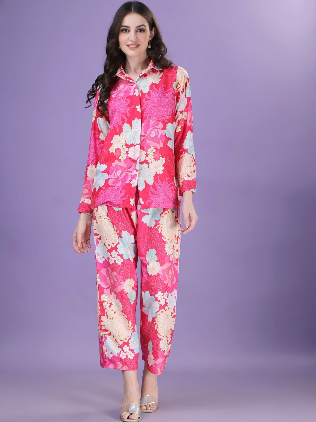

Divyadham Textiles Floral Printed Shirt With Trousers, Pink