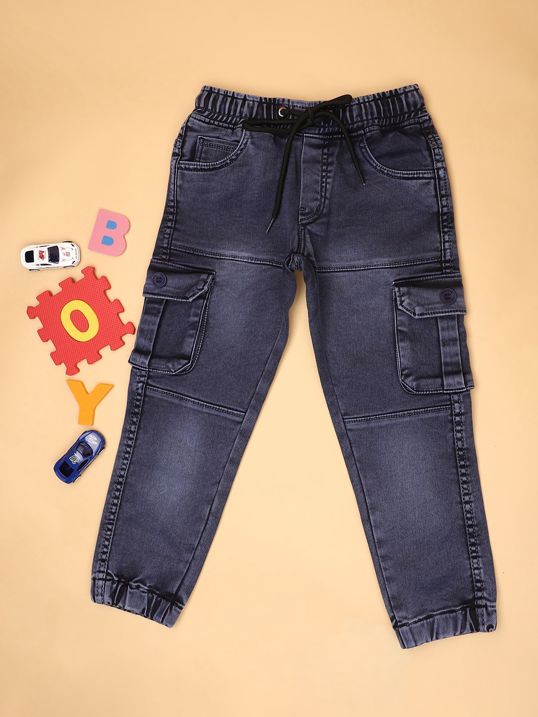 

V-Mart Boys Jogger Fit Mid Rise Clean Look Light Fade Knitted Cotton Cargo Jeans, Blue