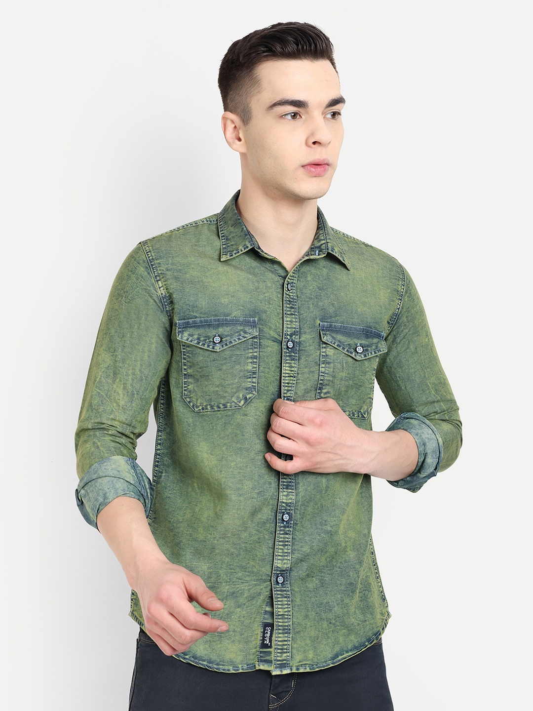 

CARBONN CLOTH Faded Spread Collar Regular Fit Denim Opaque Casual Shirt, Green