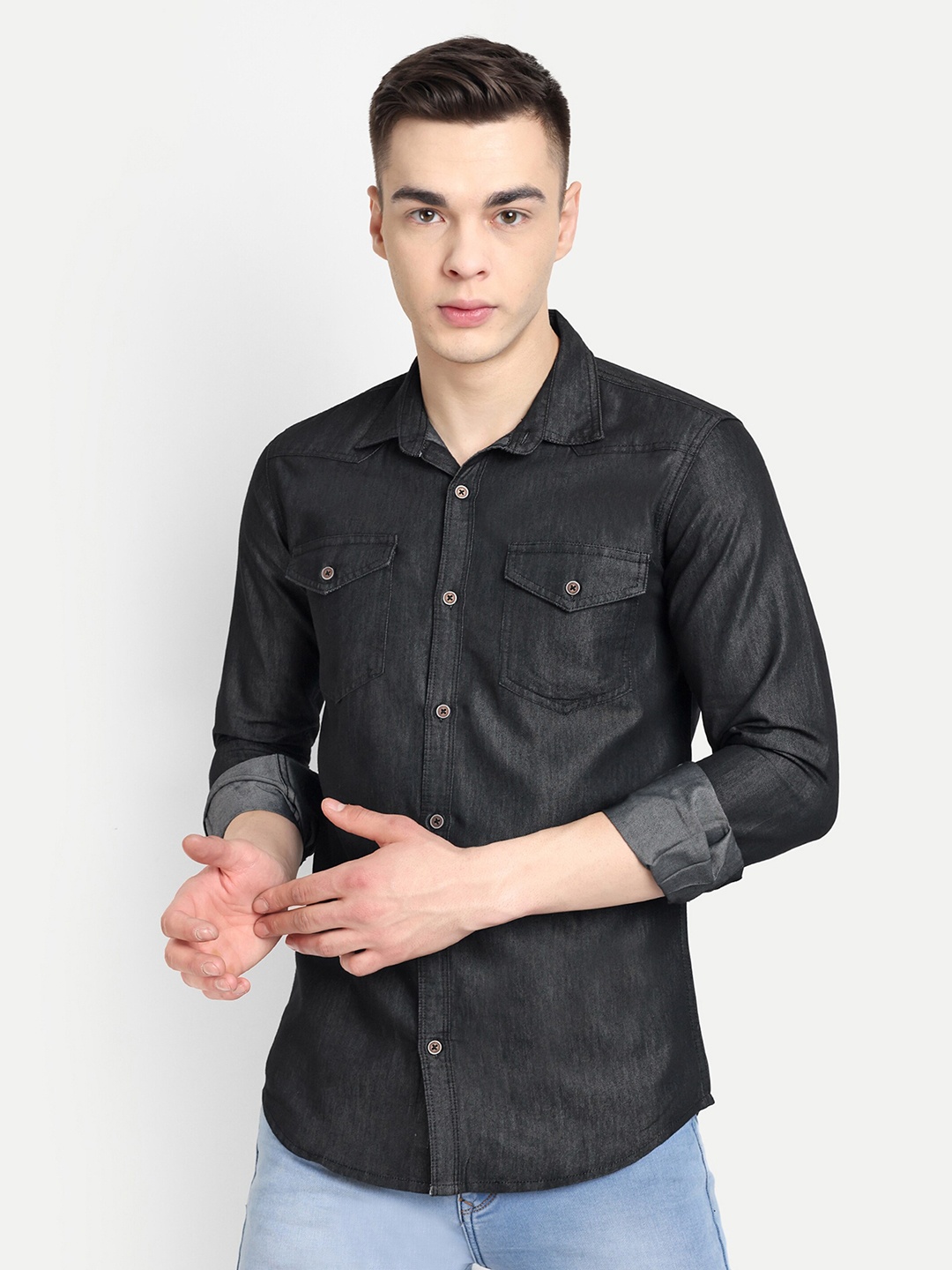 

CARBONN CLOTH Spread Collar Regular Fit Denim Opaque Casual Shirt, Black