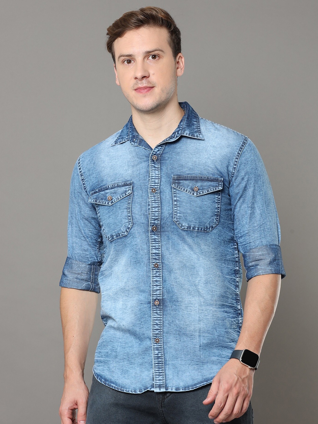 

CARBONN CLOTH Faded Spread Collar Regular Fit Denim Opaque Casual Shirt, Blue
