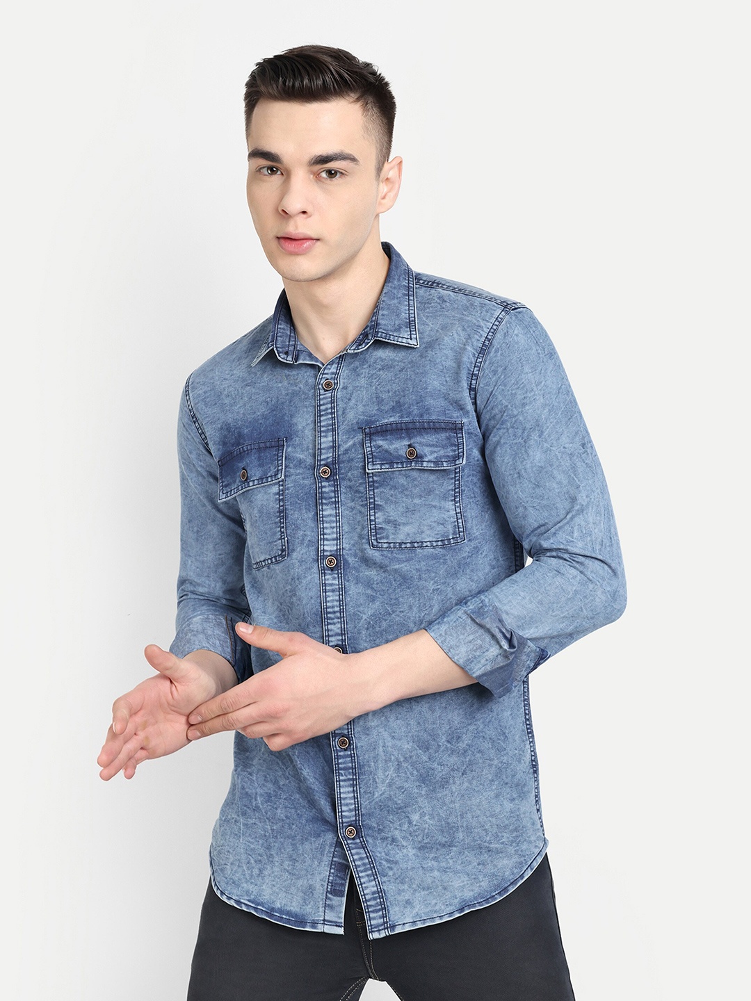 

CARBONN CLOTH Faded Denim Spread Collar Opaque Casual Shirt, Blue