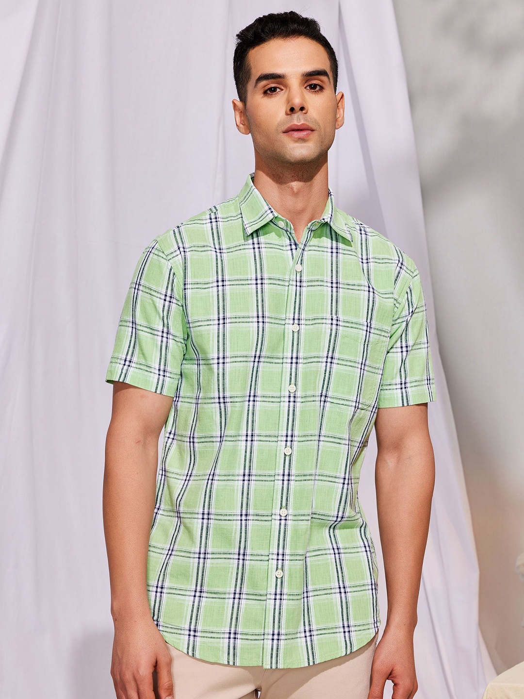 

Red Flame Men Slim Fit Tartan Checks Opaque Checked Formal Shirt, Green