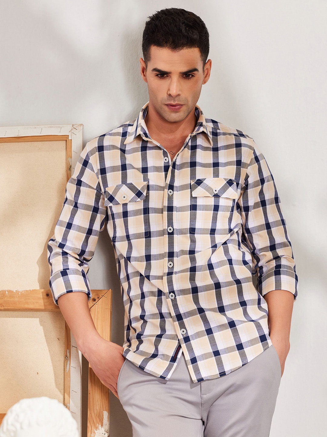 

Red Flame Men Tartan Checks Opaque Checked Formal Shirt, Cream
