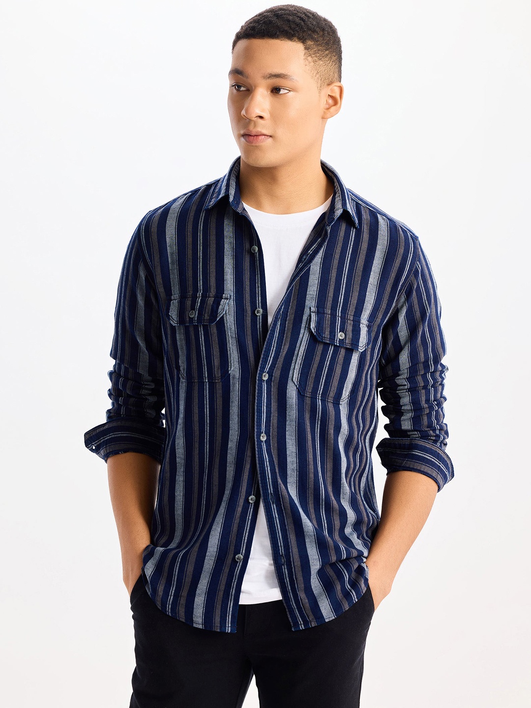 

Red Flame Men Opaque Striped Formal Shirt, Navy blue