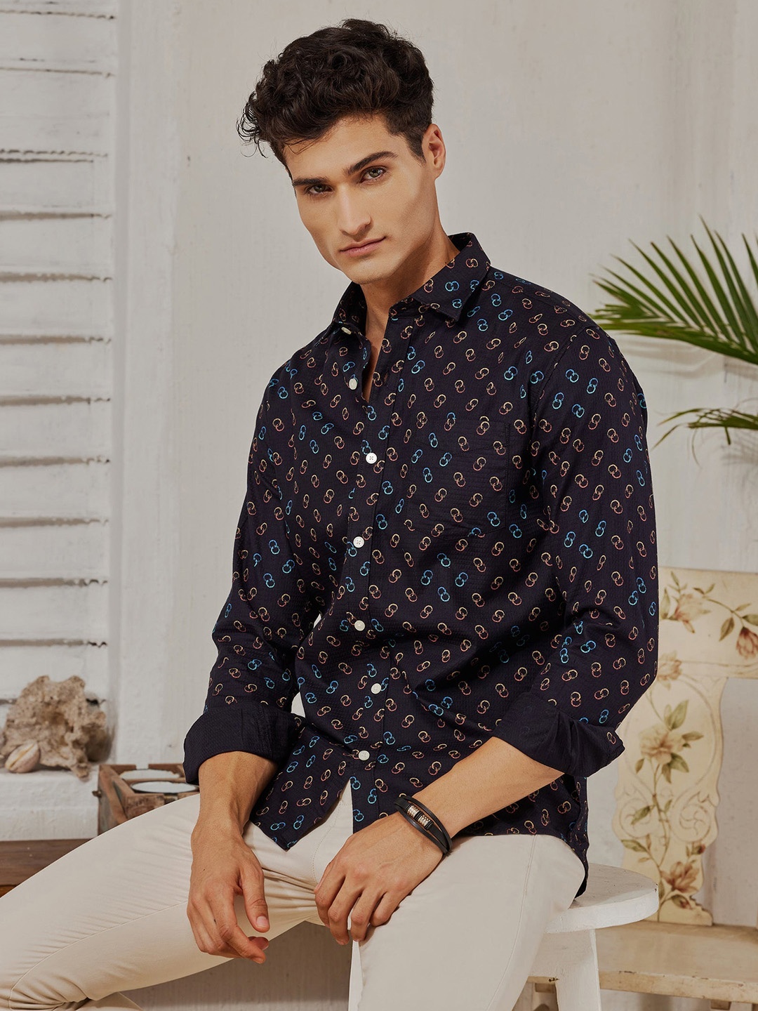 

Red Flame Men Slim Fit Opaque Printed Formal Shirt, Black
