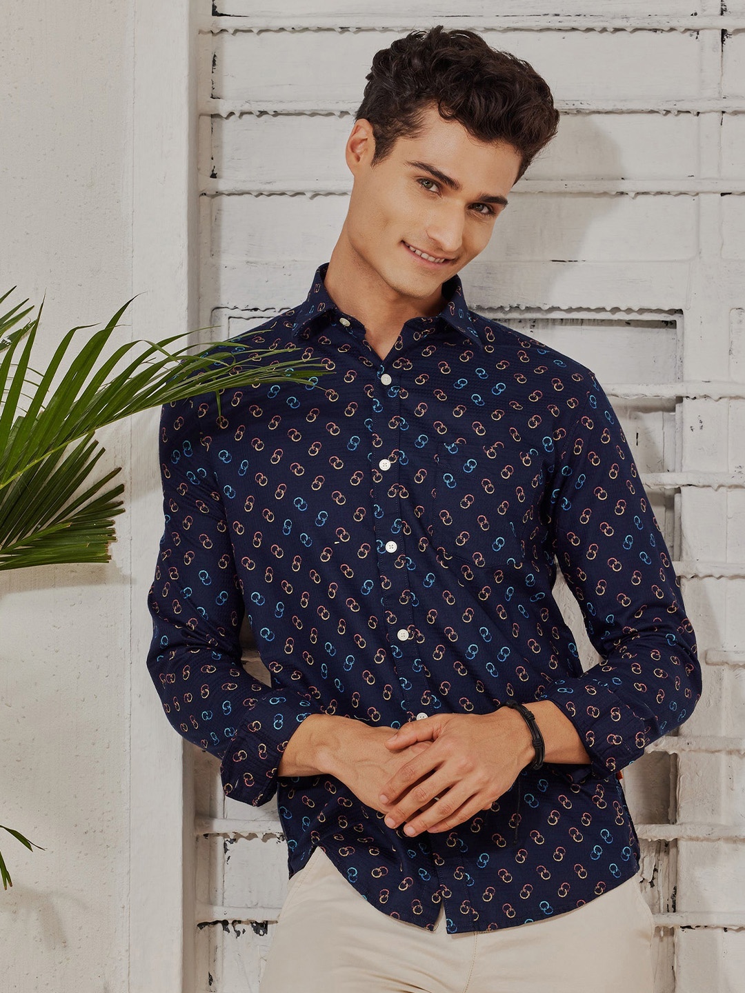 

Red Flame Men Opaque Printed Formal Shirt, Navy blue