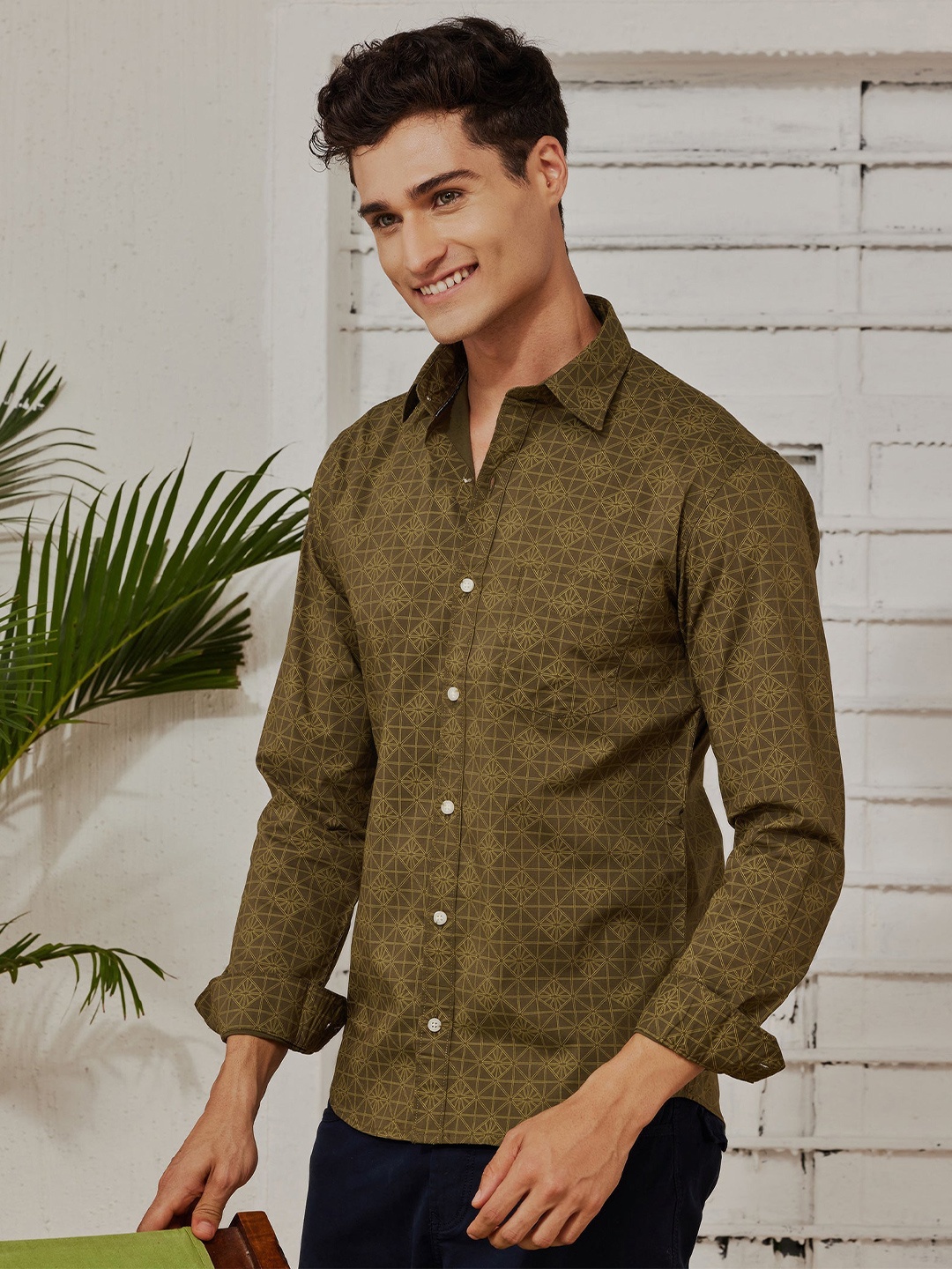 

Red Flame Men Floral Opaque Printed Formal Shirt, Olive