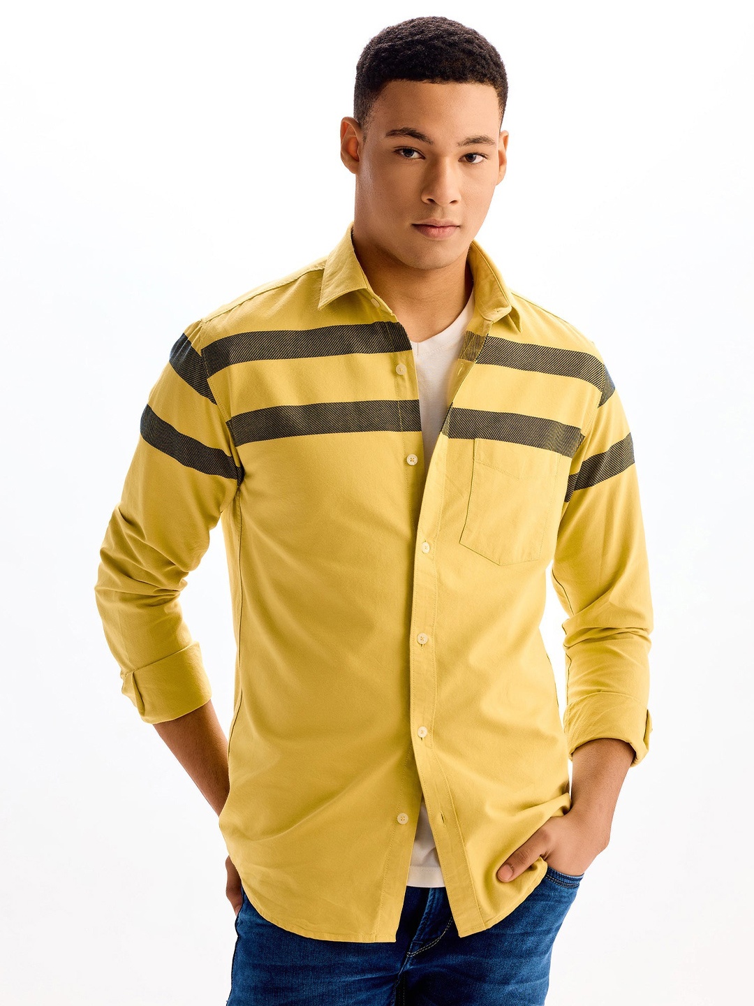 

Red Flame Men Horizontal Stripes Opaque Striped Formal Shirt, Yellow