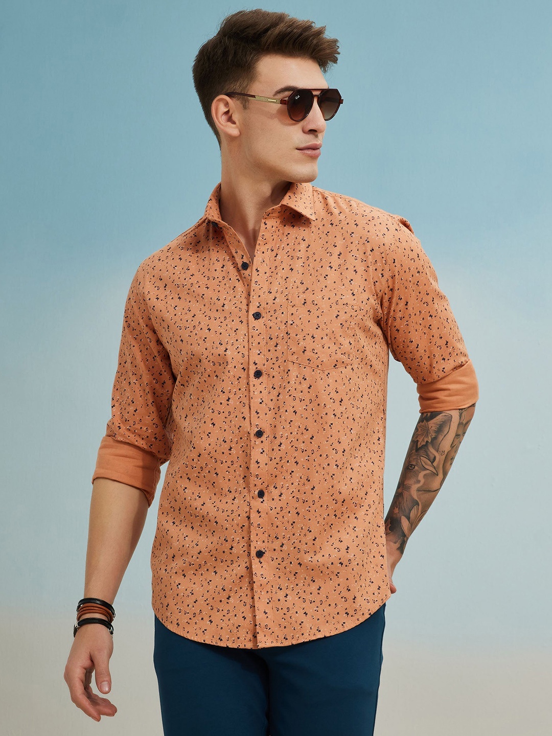 

Red Flame Men Floral Opaque Printed Party Shirt, Orange