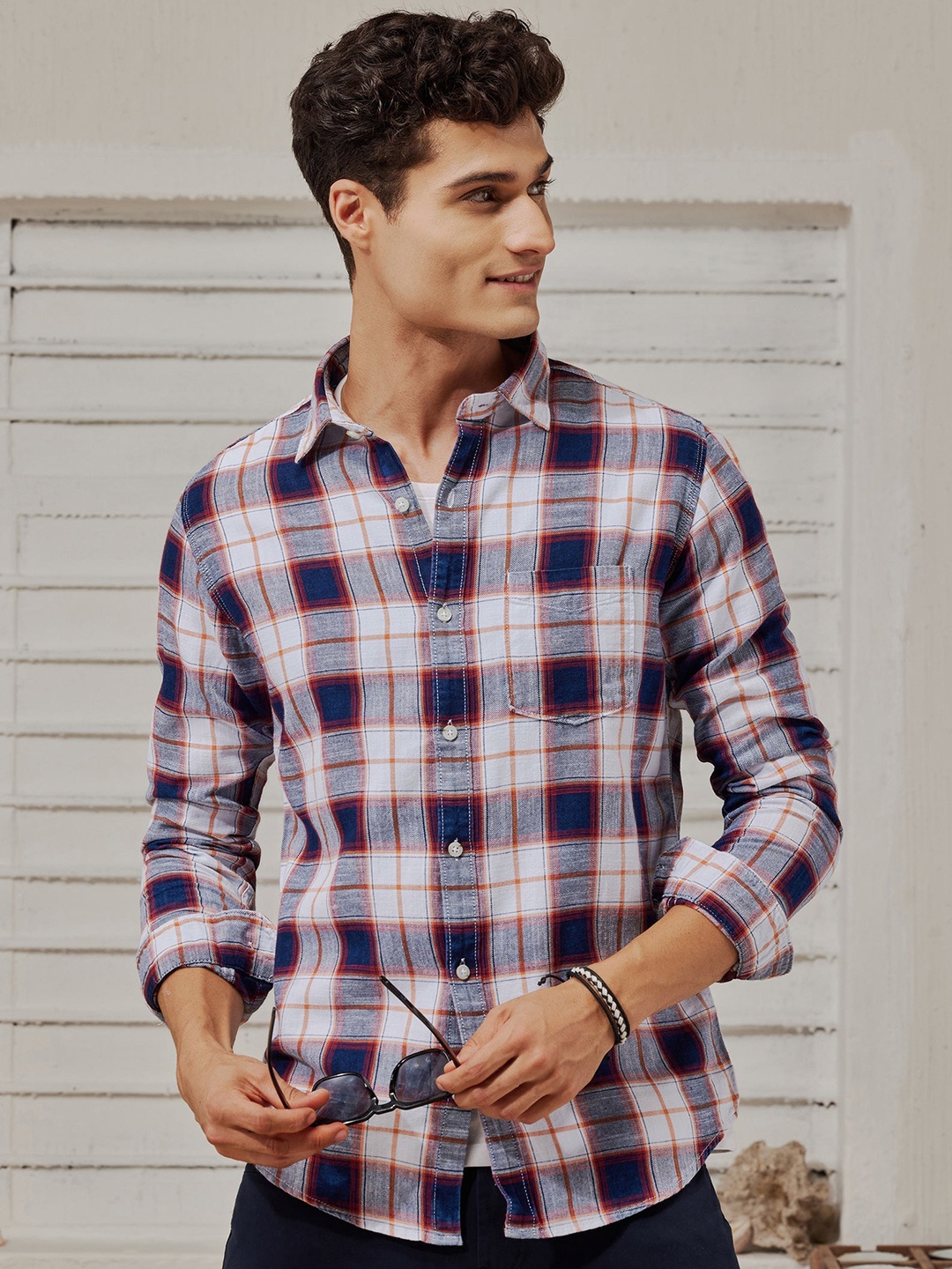 

Red Flame Men Tartan Checks Opaque Checked Party Shirt, Navy blue