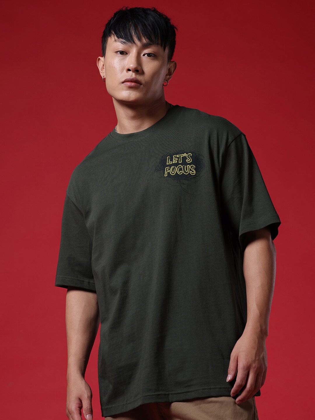 

WROGN Round Neck Drop-Shoulder Sleeves Oversized T-shirt, Olive