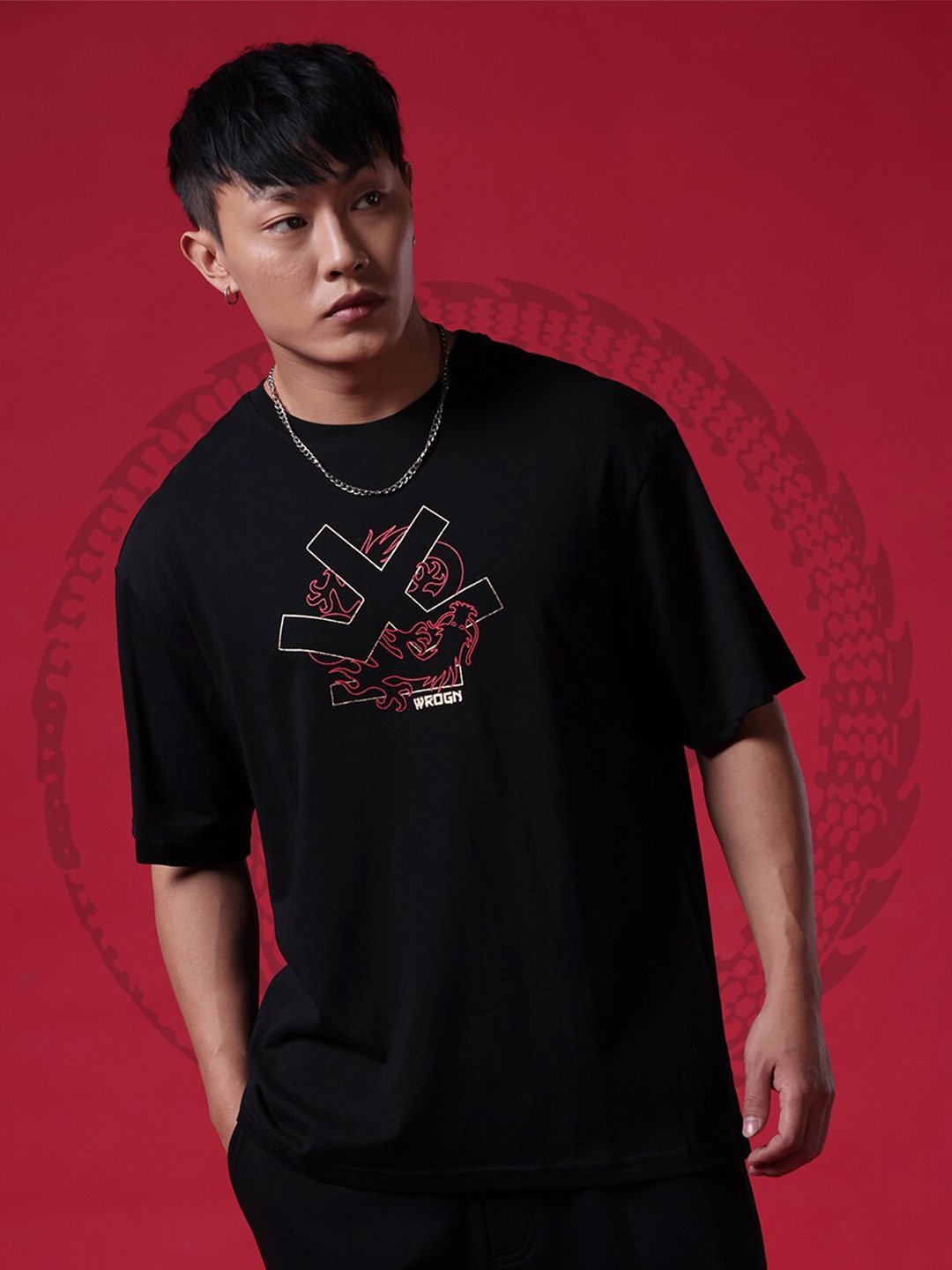 WROGN Printed Round Neck Drop-Shoulder Sleeves Oversized T-shirt, Black