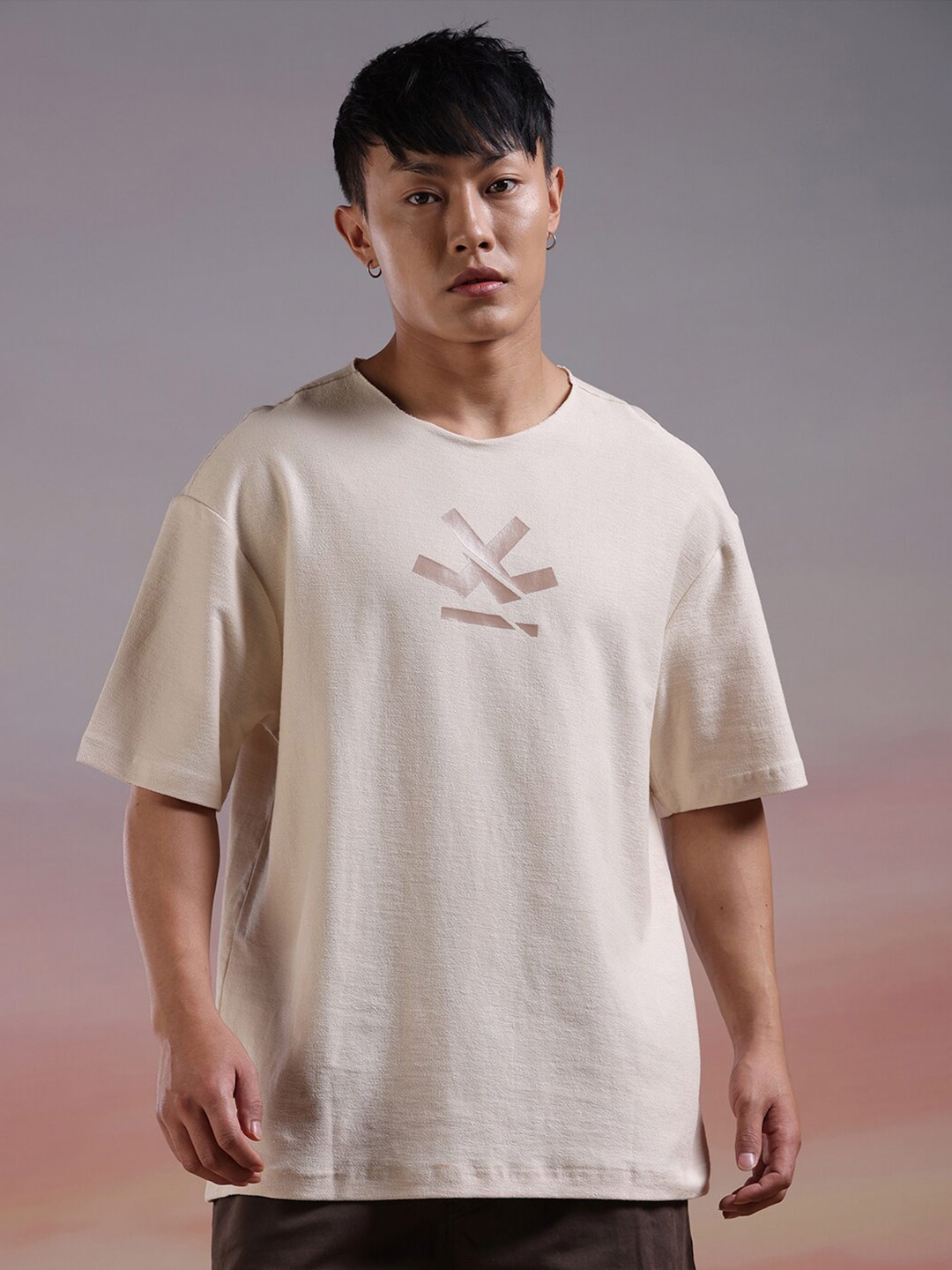 

WROGN Round Neck Raw Edge Oversized Cotton T-shirt, Beige