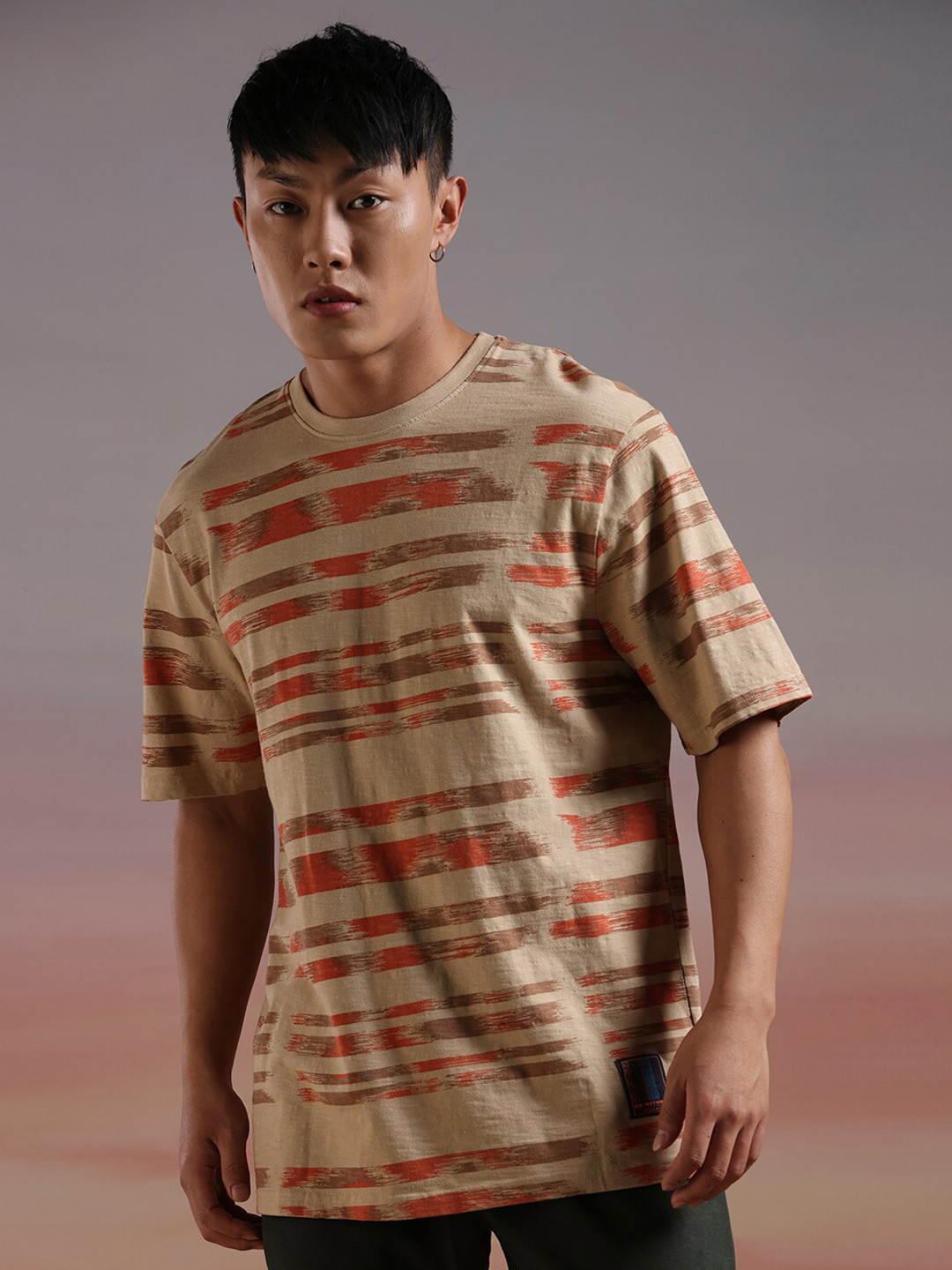 

WROGN Striped Round Neck Drop Shoulder Sleeves Oversized T-shirt, Khaki