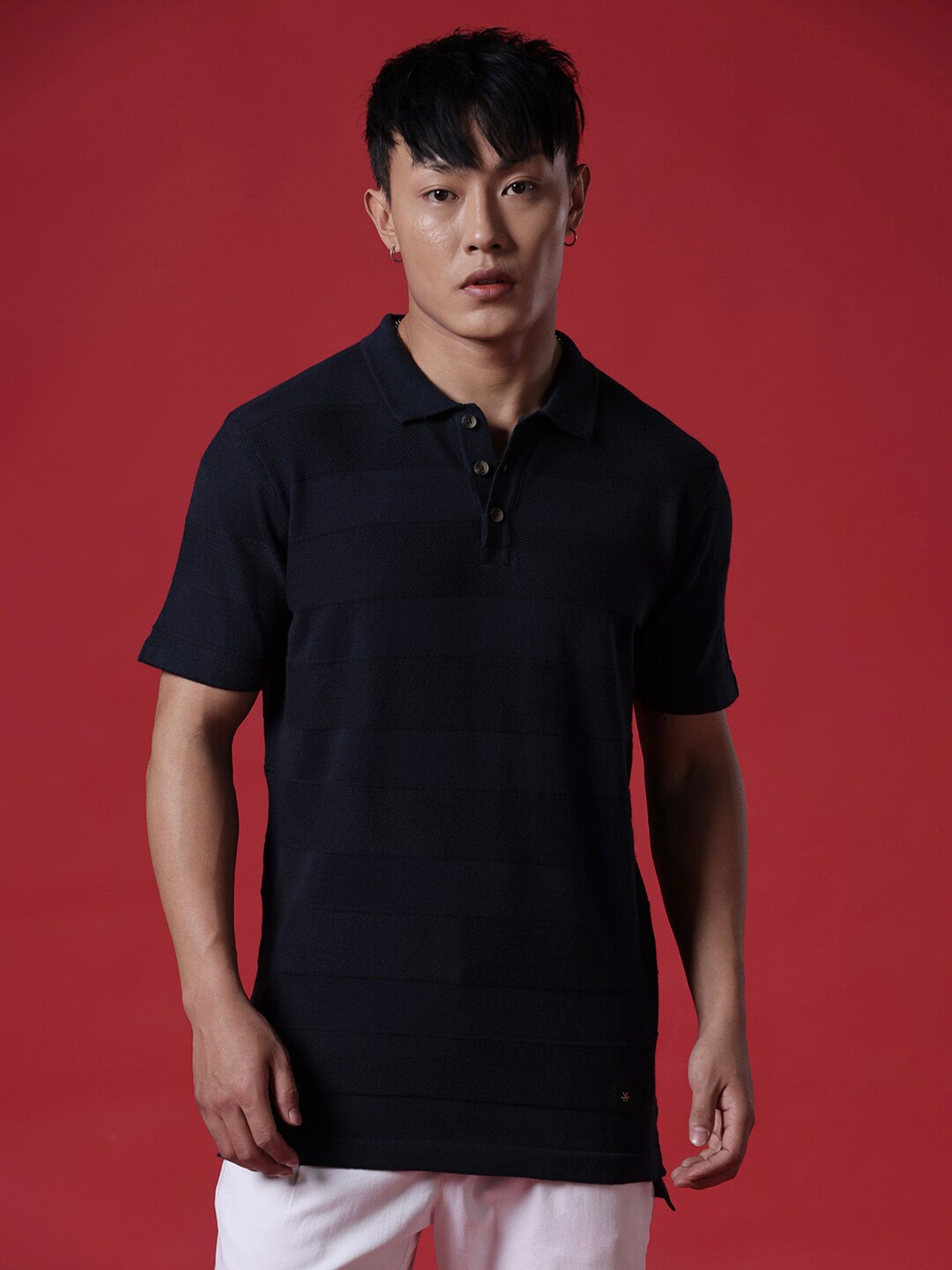 

WROGN Striped Polo Collar Short Sleeves Slim Fit T-shirt, Navy blue