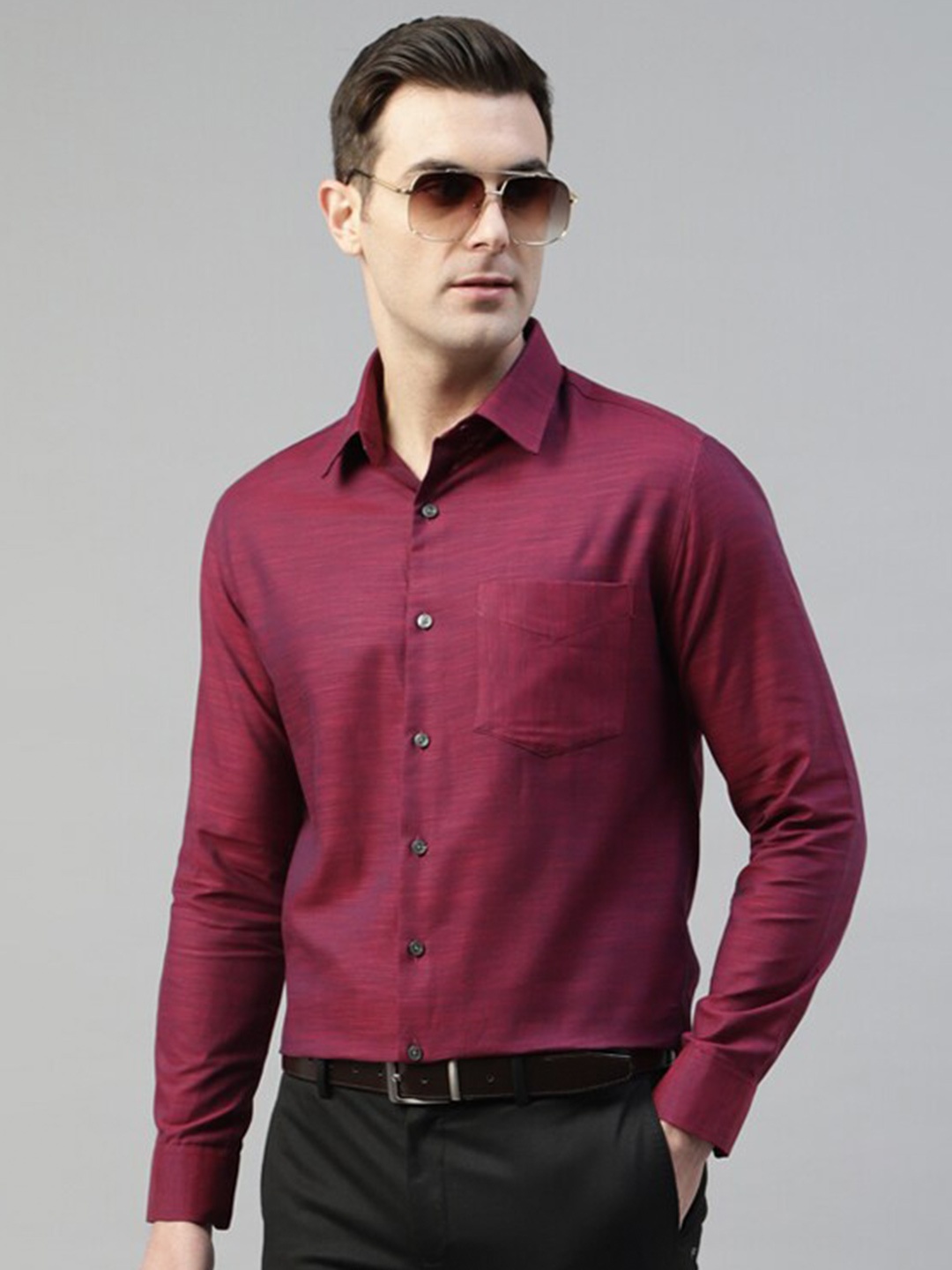 

Hancock Standard Slim Fit Self Design Cotton Formal Shirt, Maroon