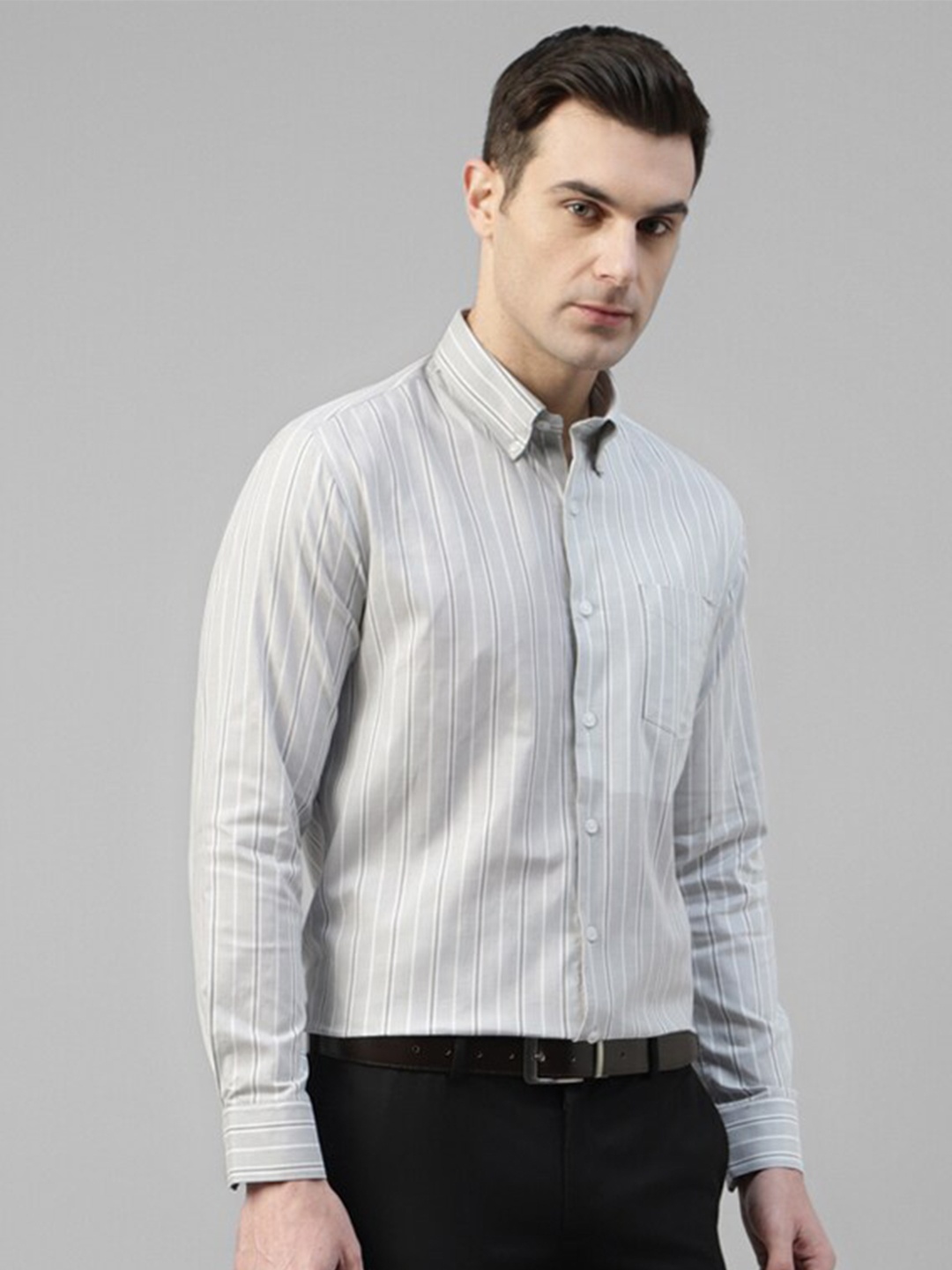 

Hancock Standard Slim Fit Vertical Stripes Wrinkle Resistant Pure Cotton Formal Shirt, Grey