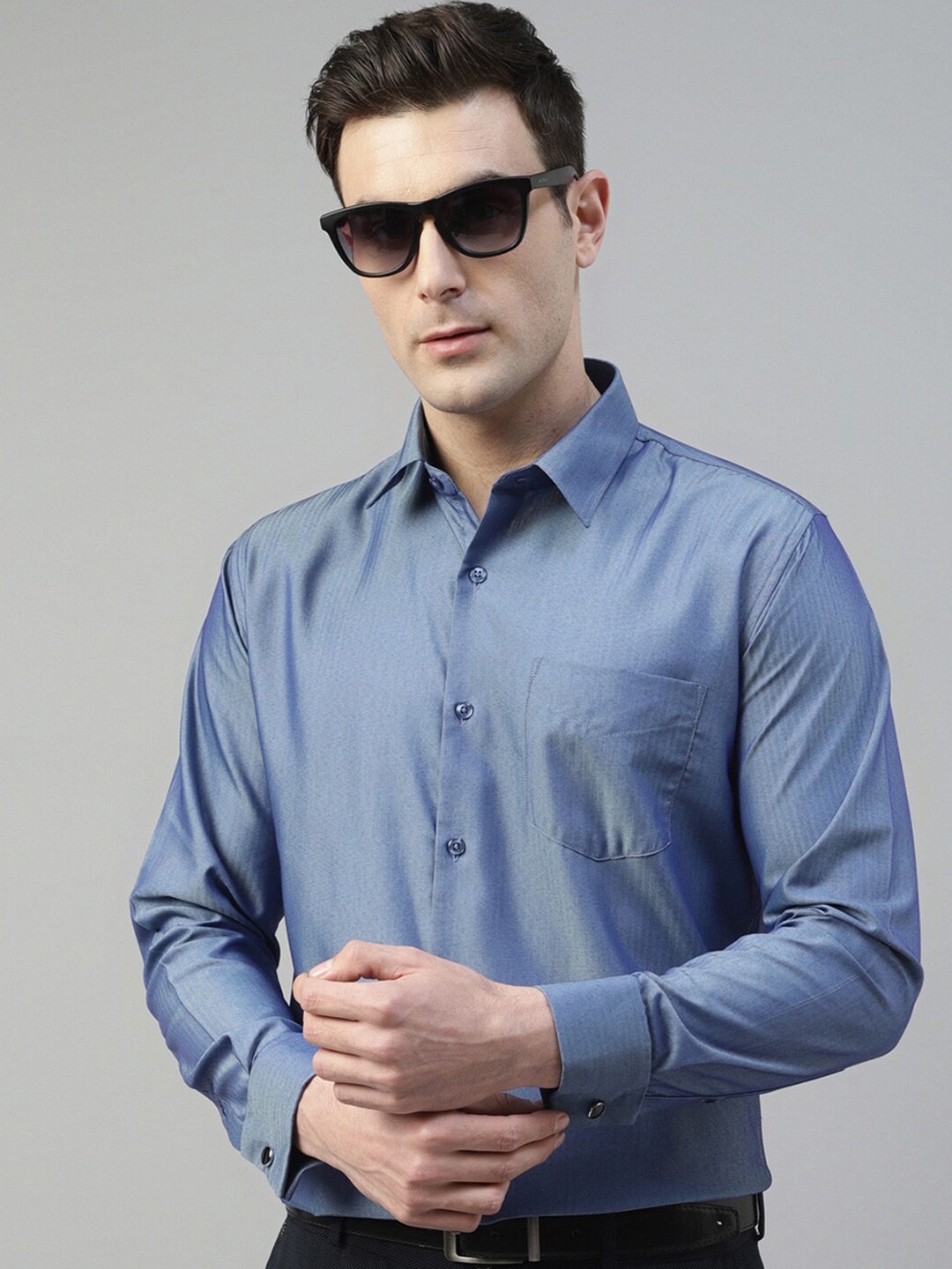 

Hancock Standard Slim Fit Self Design Wrinkle Resistant French Cuff Cotton Formal Shirt, Blue