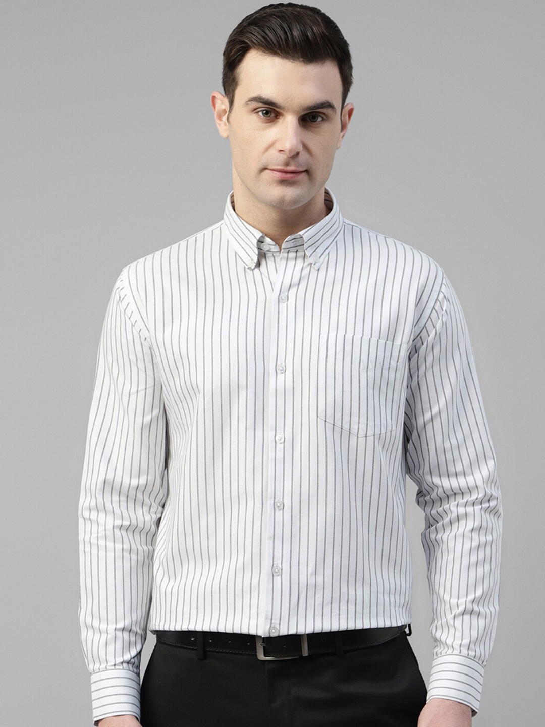 

Hancock Standard Slim Fit Striped Button-Down Collar Long Sleeves Cotton Formal Shirt, White