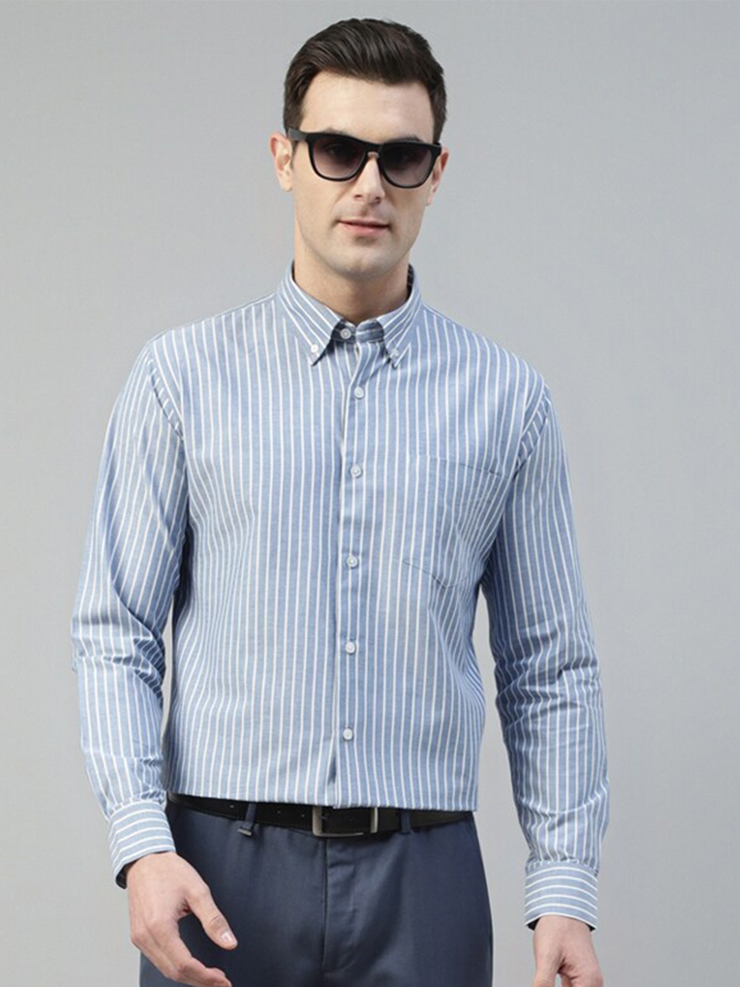 

Hancock Standard Slim Fit Striped Button-Down Collar Oxford Weave Cotton Formal Shirt, Blue