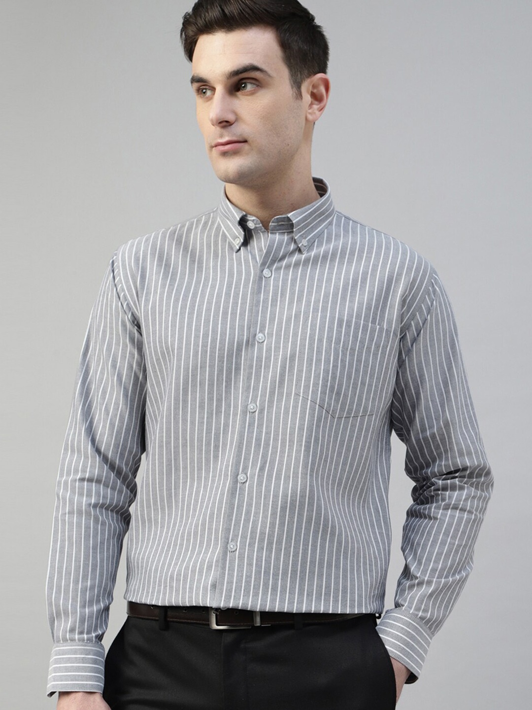 

Hancock Standard Slim Fit Striped Button-Down Collar Oxford Weave Cotton Formal Shirt, Grey